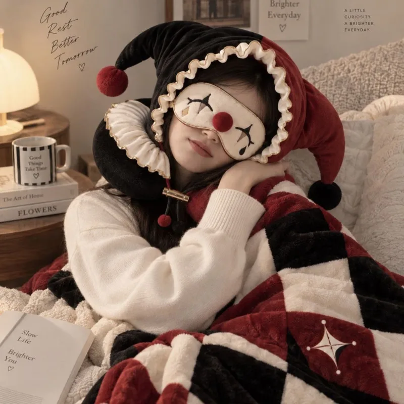 Plush Neck Pillow Eye Mask Hooded Jester U Shaped Travel Pillow Airplane Nap Blackout Cervical Support Cushion Gift