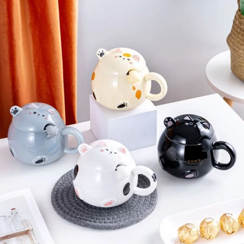 3D Cartoon Ceramic Cup with Lid, Cute and Cute, Lucky Cat Shaped Cup, Coffee Cup, Super Cute Office, Three-dimensional Drinkware