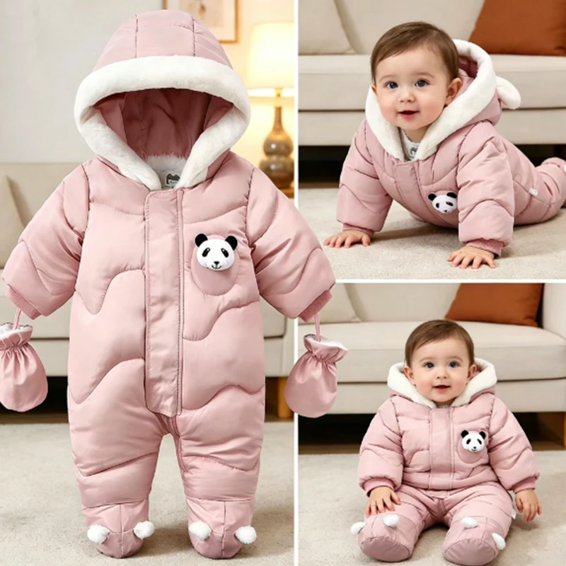 Winter Newborn Baby Coat Cute Panda Romper With Gloves Plus Velvet Warm Baby Jumpsuit Hooded Infant Clothing Set 0-18 Months