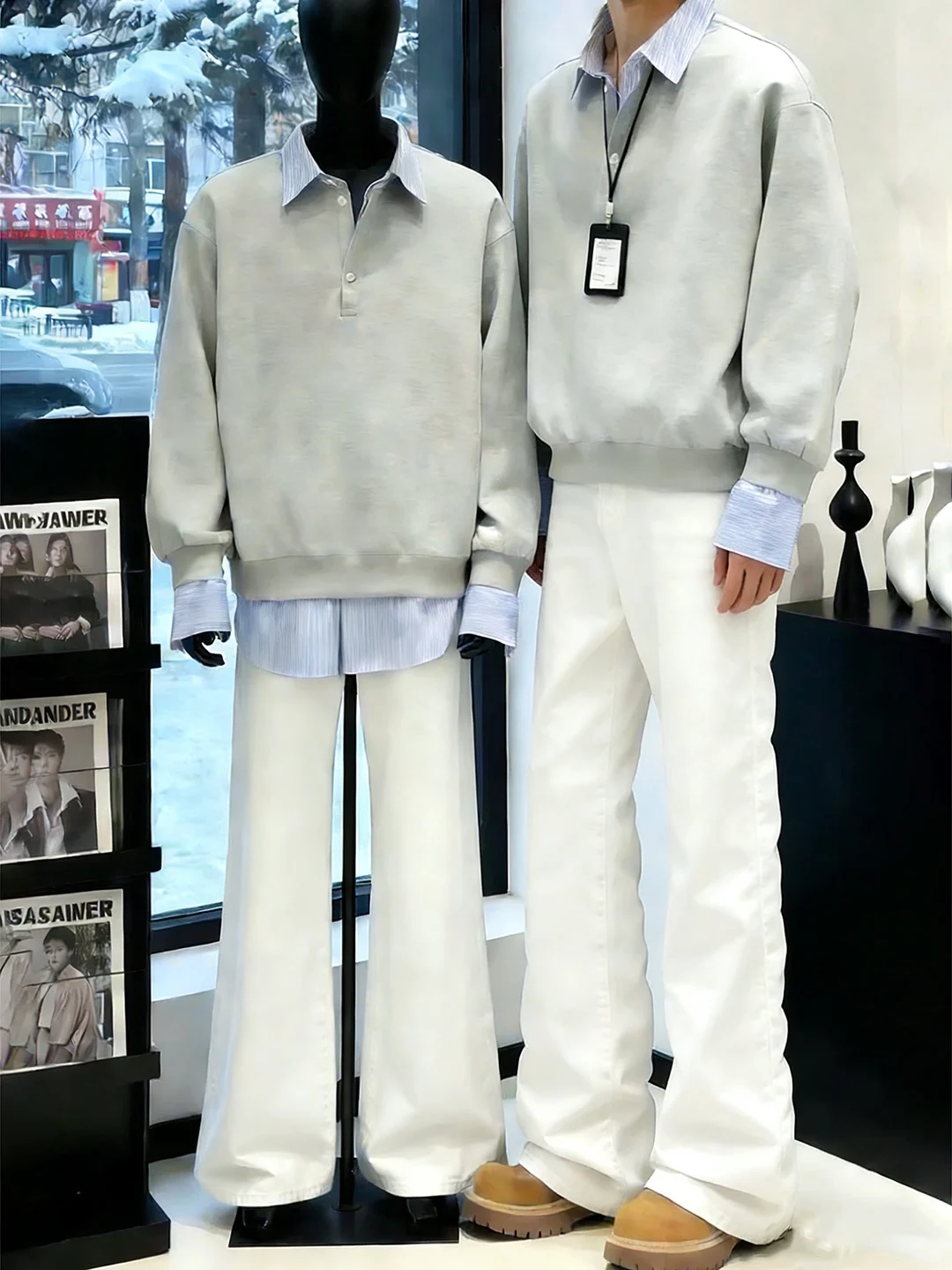 

Slimming White Men's Jeans High Street Vibe Knife Cleanfit Rise Micro Flared Pants Straight Leg Fit Casual Jeans