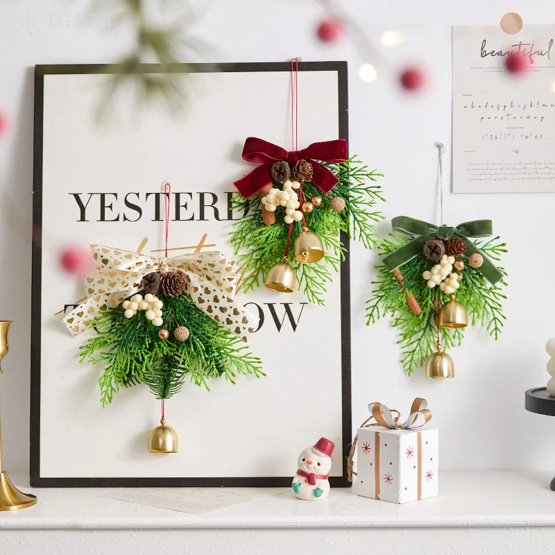 

Christmas Jingle Bells Door Hanger Ornament with Velvet Bow Pine Cone - Festive Bell Pendants for Home Decoration And Gift Noel