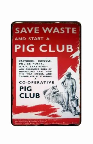 Save Waster Join Pig Club Drive Poster WWII  Military Wall Art Tin Sign  8 x 12