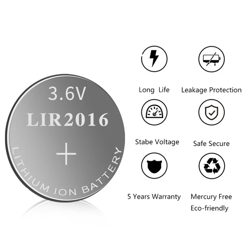 LIR2016 Rechargeable Battery  3.6V 2016 Lithium Ion Battery 45mAh Lithium Cell Coin Batteries