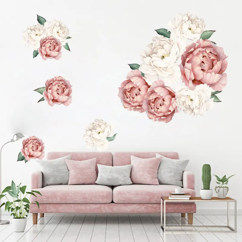 Pink White Watercolor Peony Flowers Wall Stickers for Kids Room Living Room Bedroom Home Decoration Wall Decal Home Decor Floral - Detail 1