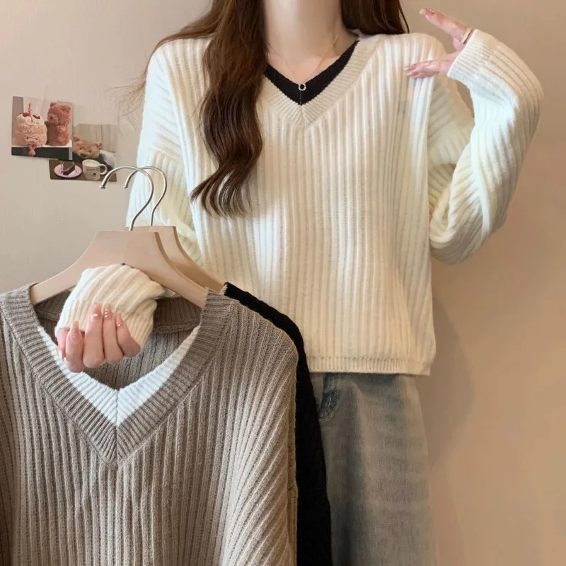 Women's 2026 Autumn Winter New V Neck Long Sleeve Faux Two Piece Drawstring Knit Sweater Slimming Chic Coquette Trendy Jumper