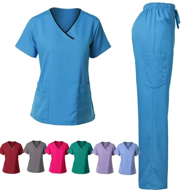 Women Medical Uniforms Elastic Scrubs Sets Hospital Surgical Gowns Short Sleeve Tops Pant Nursing Accessories Doctors Clothes