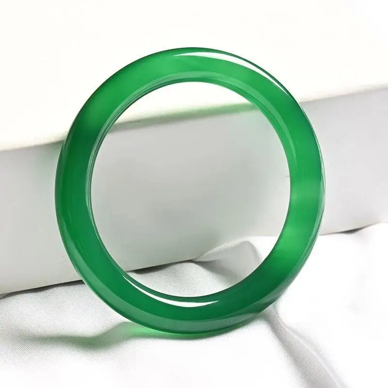 Translucent Spinach Chalcedony Bracelet Green Agate Jade 10mm Wide Round Bangle