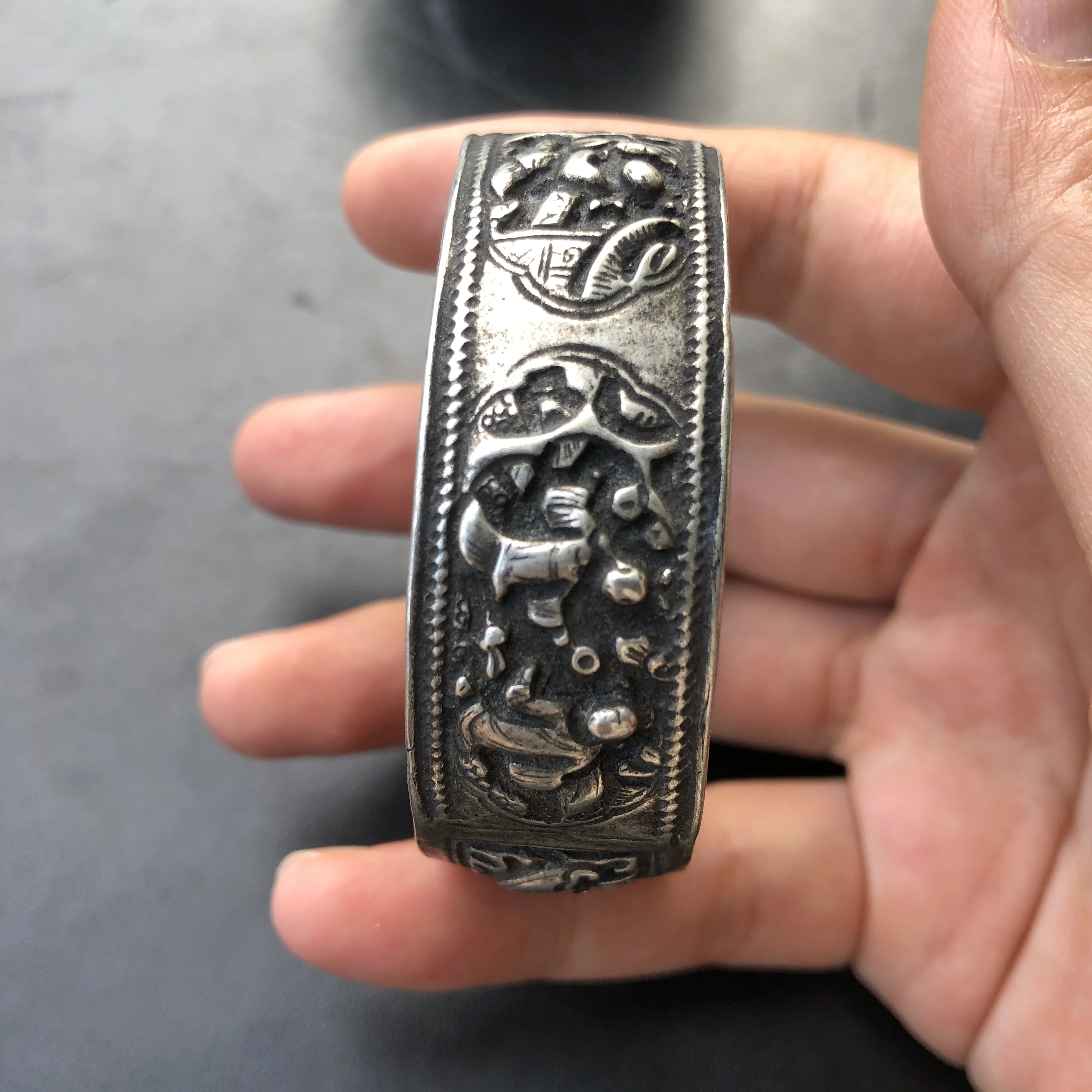 Vintage Chinese Silver Cuff Bracelet, Relief Carved Ancient Figure Story Pattern Antique Ethnic Open Bangle Jewelry