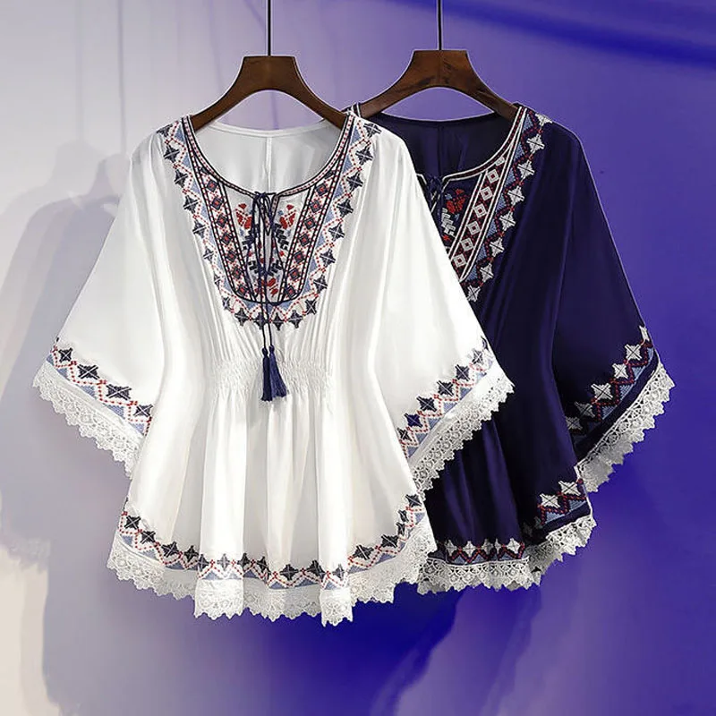 Fashion Vintage Embroidery Loose Batwing Sleeve Casual Blouses Korean All-match Elegant O-Neck Pullovers Shirt for Women Summer