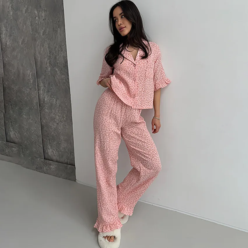 Summer Print Female Suit Sexy Turn-Down Collar Top Ruffles Short Sleeve Blouse High Waist Pants Loose Women's Nightgowns Set