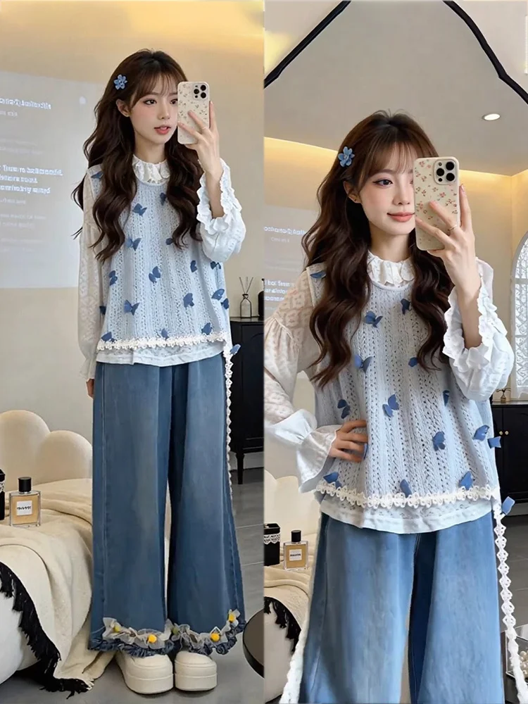 

Spring New Arrival Vest Bottom Shirt Casual Pants Three Piece Set College Style Comfortable Long Sleeve round Neck