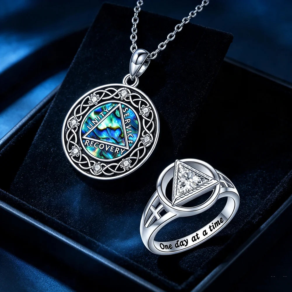 AA Sobriety Jewelry Set Abalone Shell Celtic Knot Pendant Necklace, Hollow Triangle CZ Inlaid Ring AA Recovery Memorial Gift