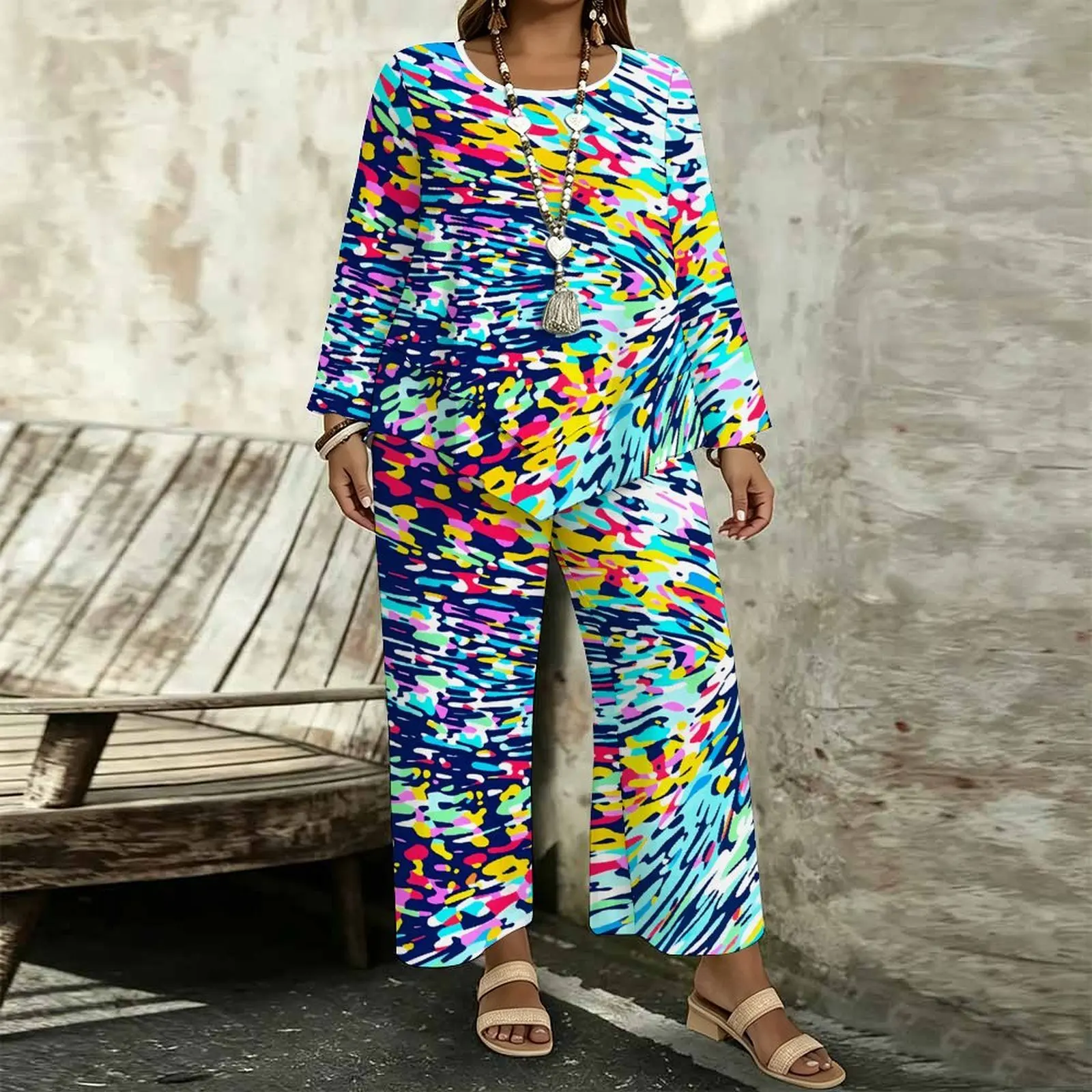 Plus Size Women Casual Print Two Piece Set Round Neck Everyday Commuting Clothes Beach Vacation Sweatpants