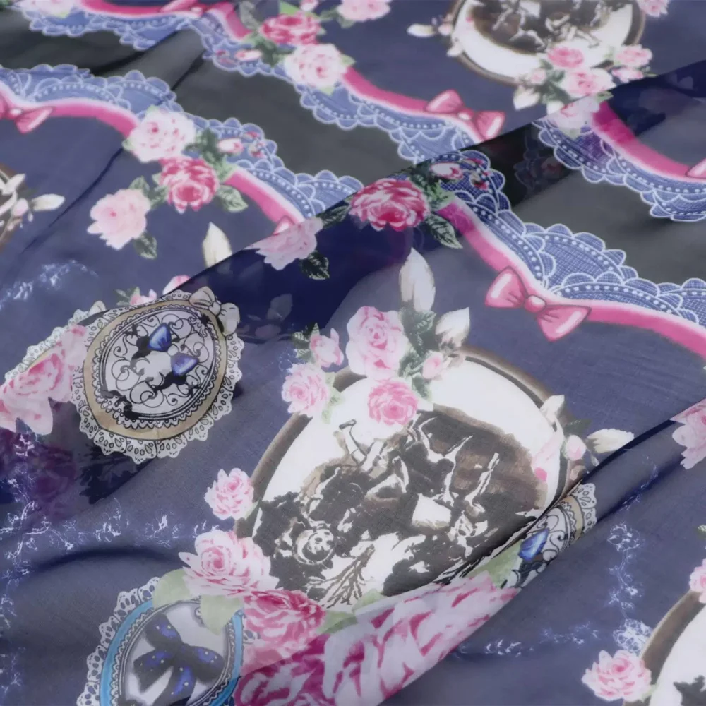 Blue Base Large Flowers Placement Printed Silk Chiffon Fabric for Lady Women Wife Custom Dress Clothes Apparel Girls Saree Robe
