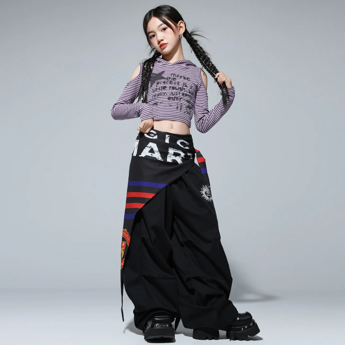 طفل Kpop الهيب هوب الملابس الأرجواني مخطط المحاصيل هوديي تي شيرت أسود عادية المظلة السراويل لفتاة الشارع أزياء رقص الملابس #2