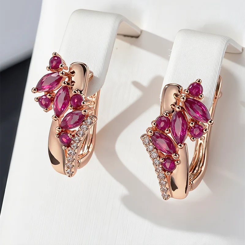 Wbmqda 18*10mm Himbeerrote Stein-Blumen-Tropfenohrringe für Frauen 585 Roségoldfarben Luxus-Feiertagsschmuck-Accessoires