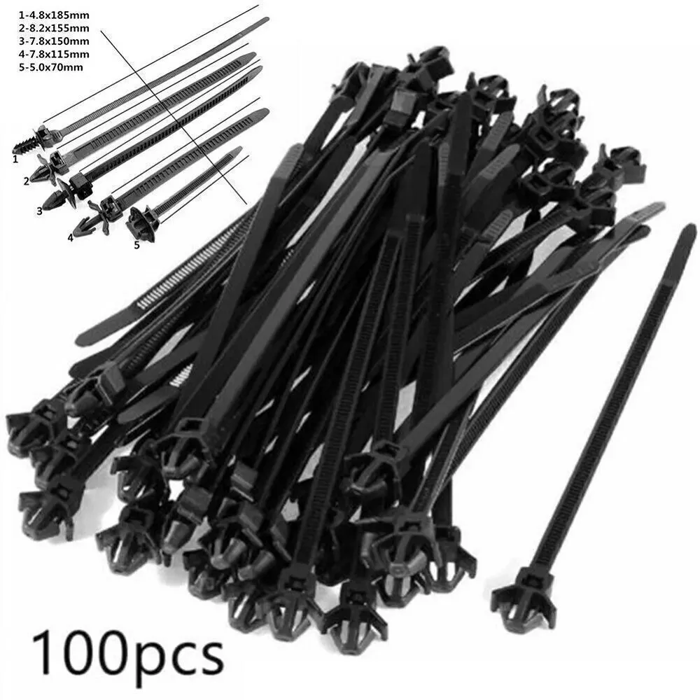100pcs 5 Sizes Car Nylon Tie Fixed Nylon Cable Ties Self-locking Cord Ties Straps Fastening Loop Office Organizer Nylon Zip Ties