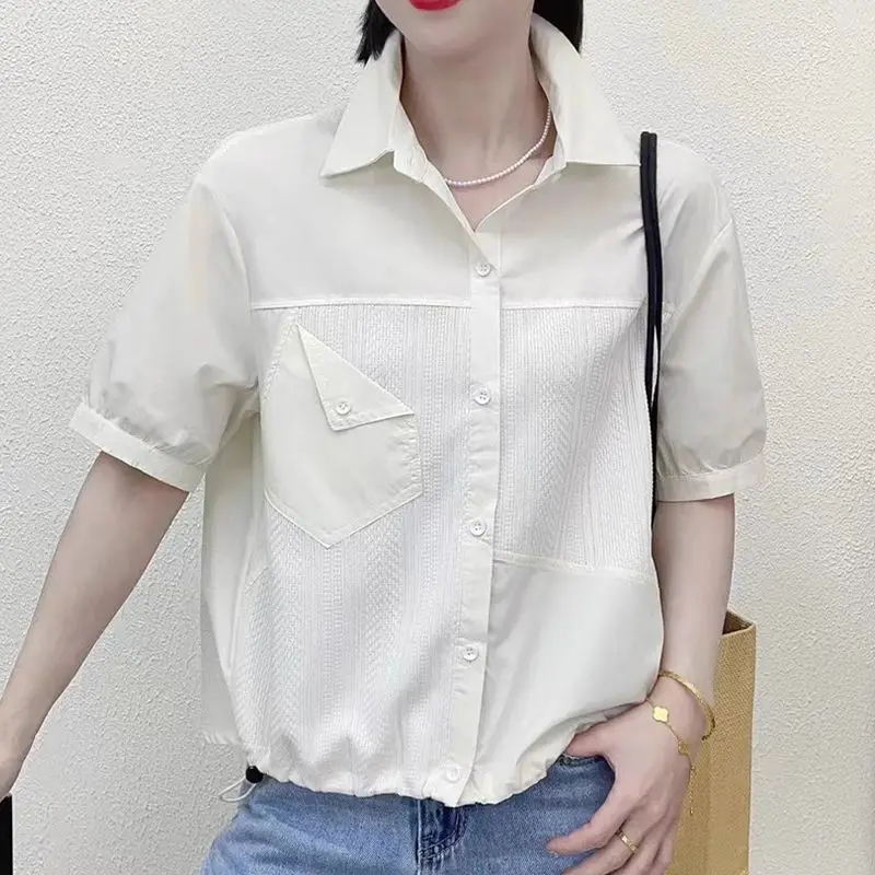 Summer Office Lady Korean Style Loose Casual Women\'s Shirt Open Stitch Solid Color Button Pockets Lapels Short Sleeve Chic Tops