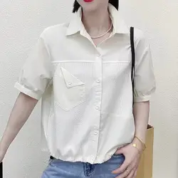 Summer Office Lady Korean Style Loose Casual Women's Shirt Open Stitch Solid Color Button Pockets Lapels Short Sleeve Chic Tops