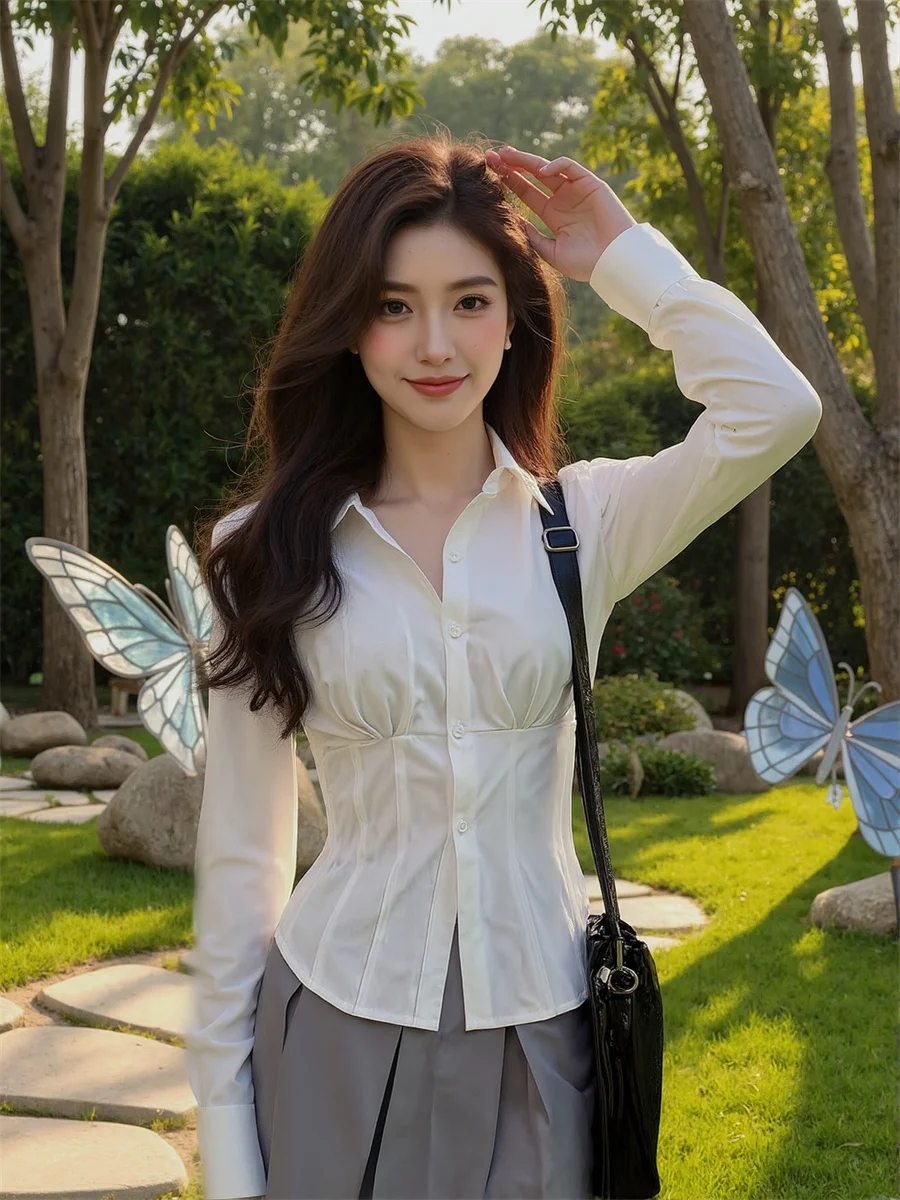 

Shirts Women Slim Fit Long Sleeve Tops with Button-Up Front and Elegant Lace Details for Preppy Style Korean Fashion Wear
