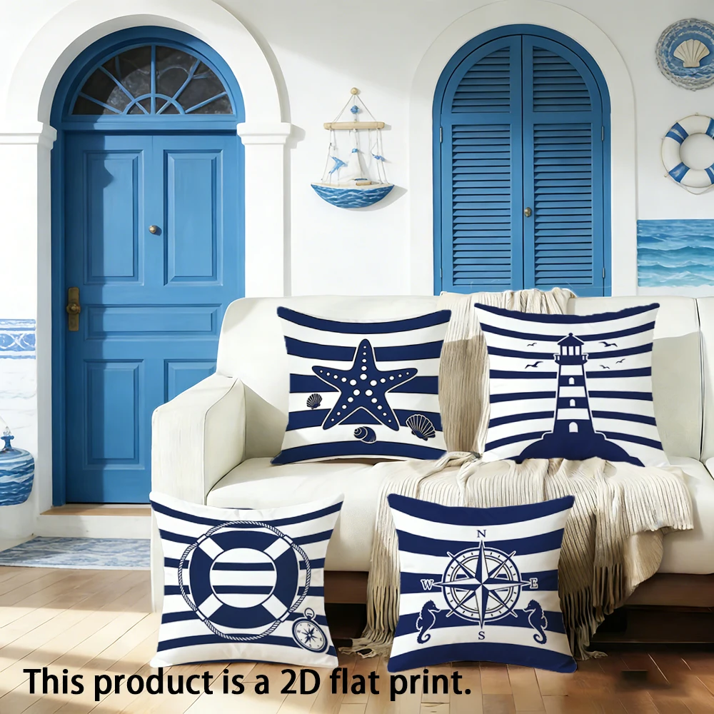 1pc Nautical Coastal Pillow Covers Navy Blue White Striped Marine Pillow Cases with Compass Starfish Lighthouse Lifebuoy Designs