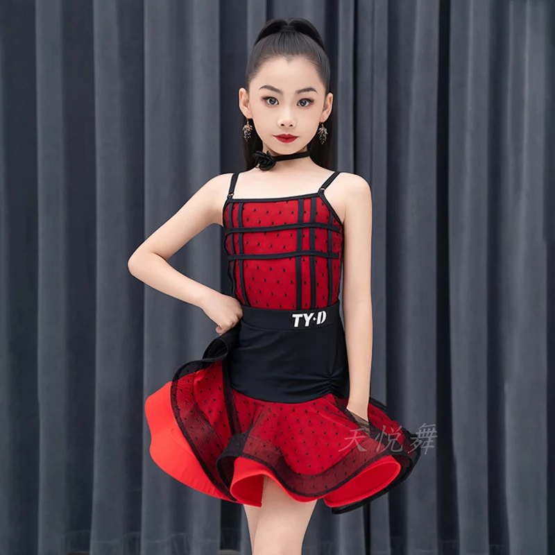 

New Red Latin Dance Costume For Kids Summer Slip Dress Skirt Set Girls Latin Tango Performance Outfit Dancer Training Wear 1817