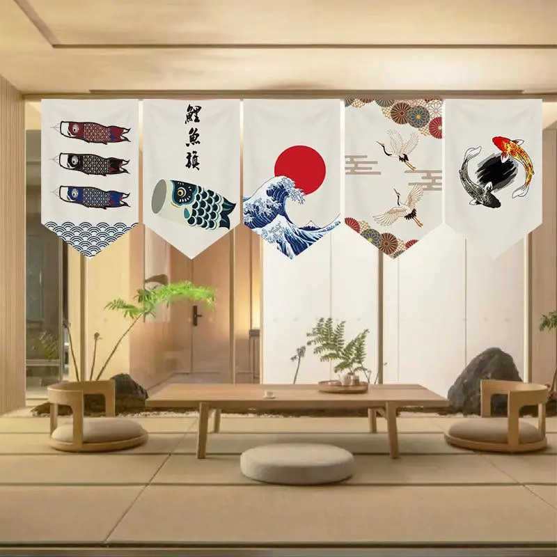 VIKAMA Japanese Hanging Banner Sushi Soy Sauce Dessert Fish Seigaiha Print Triangle Pennant For Restaurant Bar Kitchen Decor