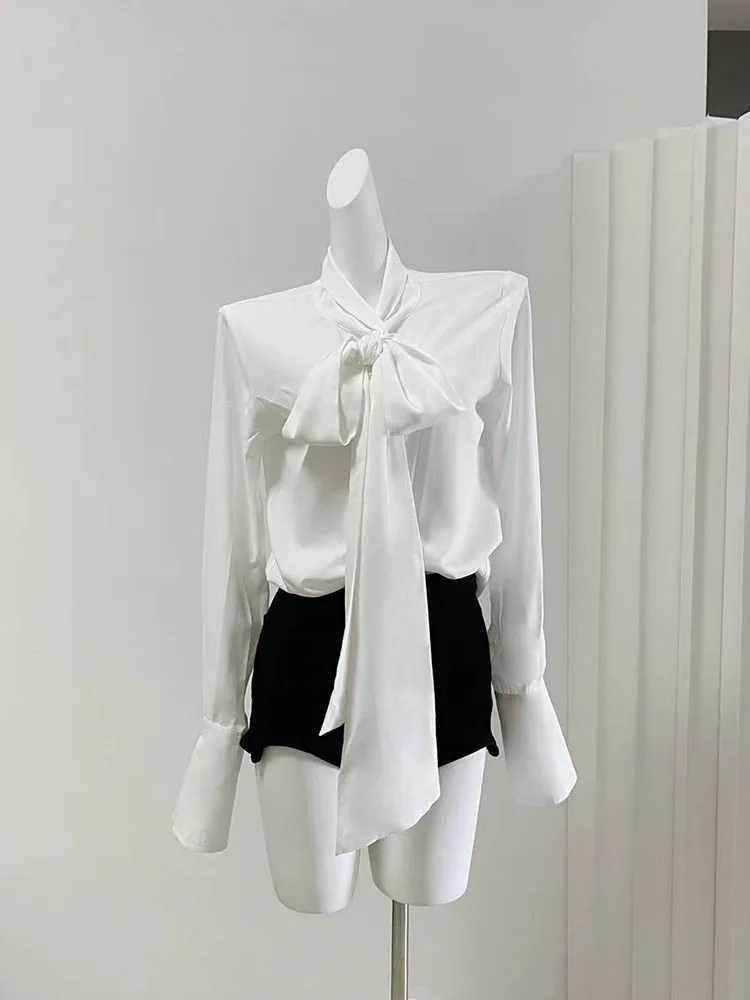 Elegant White Fashion V-Neck Bow Shirts Autumn Women Luxury Sweet Shirt Sleeve Tops French Style High Quality Chiffon Blouses