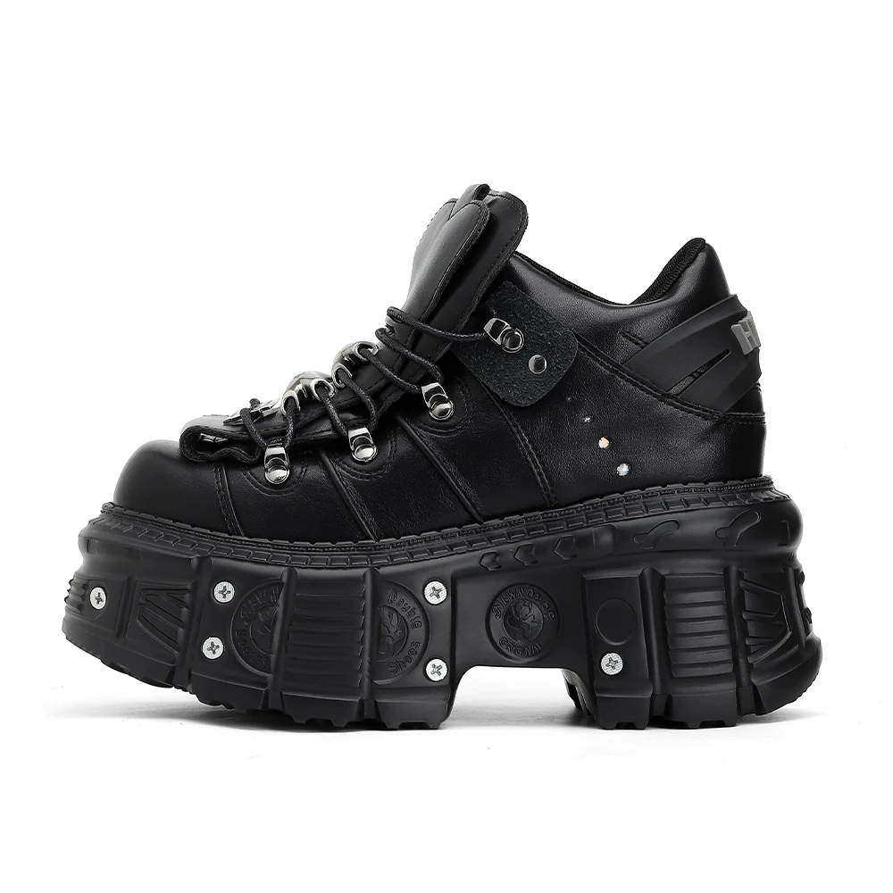 Zapatos de tacón con cordones para mujer, botines góticos con plataforma de 6CM de altura, estilo Punk, Rock, decoración de Metal, novedad