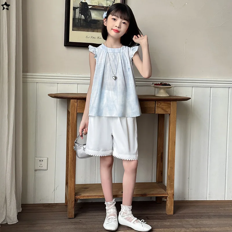 Kids Summer Suit for Girls Top with Shorts 2 Pieces Clothes Set with Lace Bottom Children Casual Tracksuit Clothing Suit