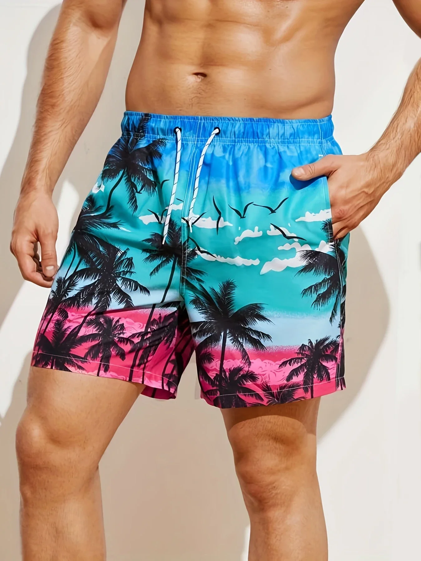 

CLOOCL Гавайские пляжные шорты, шорты с 3D принтом пальмы, модные мужские шорты, эластичные шнурки, праздничные спортивные шорты