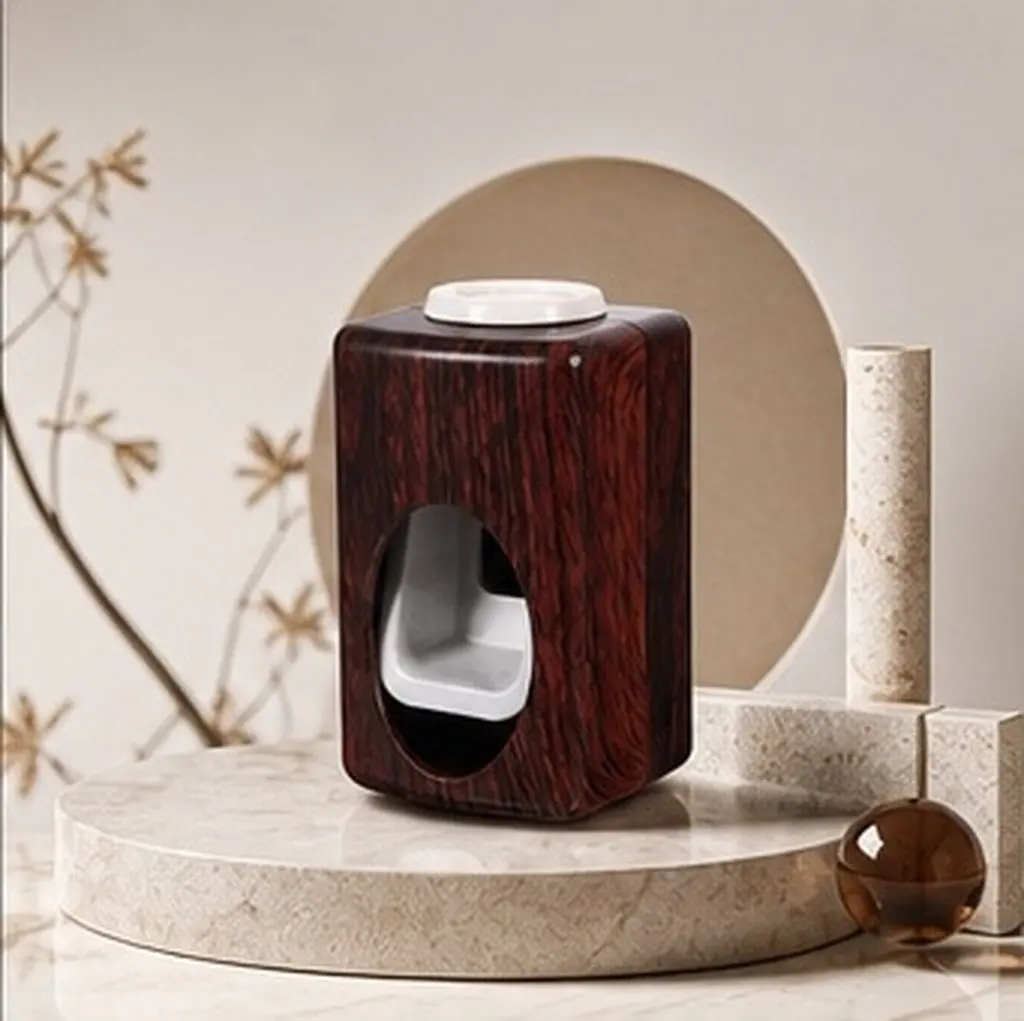Wall Mounted Automatic Toothpaste Dispenser No Drill Adhesive Elegant Wood Grain Finish Dustproof Detachable Washable Toothpaste