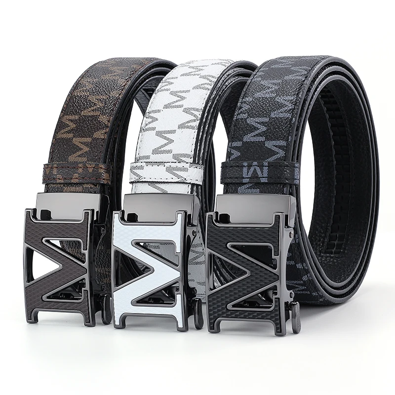 

Men's M Letter Automatic Buckle Belt Monogram Print PU Leather Waist Belt for Business Casual Jeans