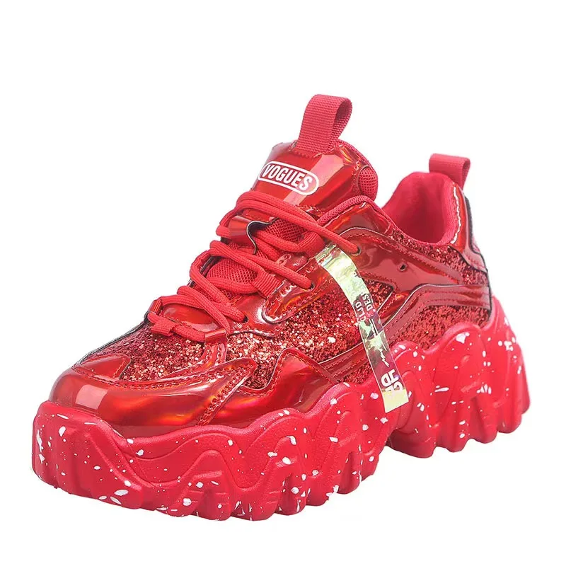 

Autumn Women Red Platform Shoes Thick Bottom Luxury Black Chunky Shoes Women Spring Leather Sneakers Glitter Sequin Casual Shoes
