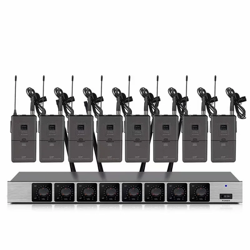 전문가용 8채널 UHF 무선 마이크 시스템 (핸드헬드 마이크 4개, 헤드셋 다이나믹 마이크 포함)