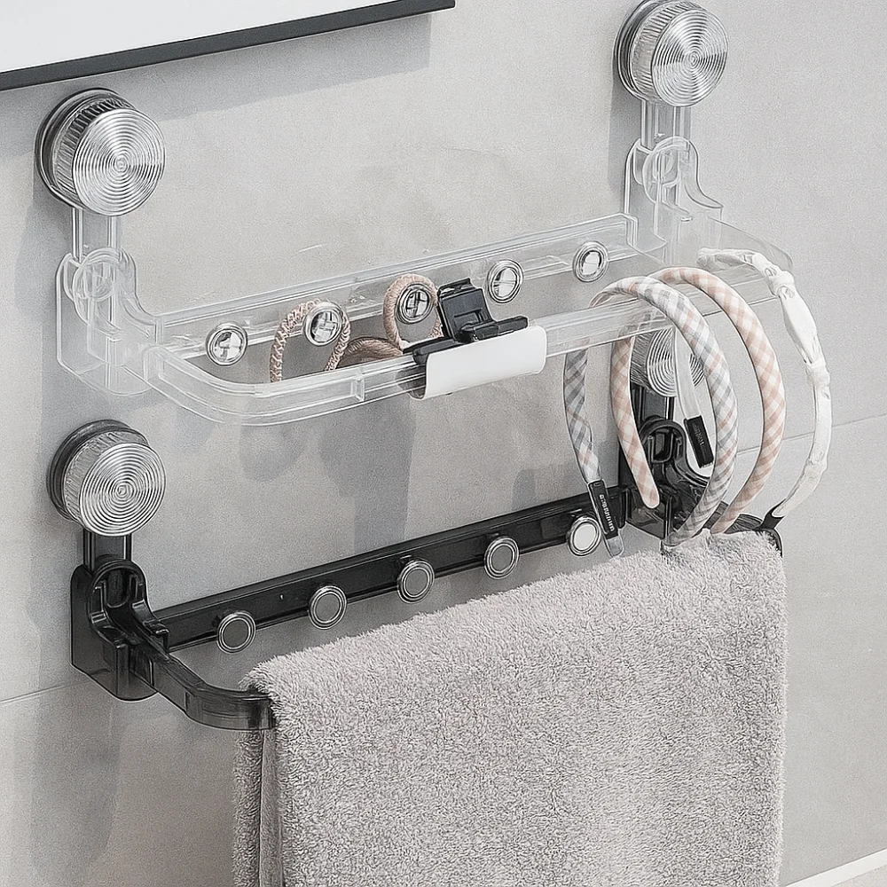 Plastic Suction Cup Storage Rack Wall Mounted Foldable Towel Storage Rack Space Saving Punch Free Faucet Shelf for Home