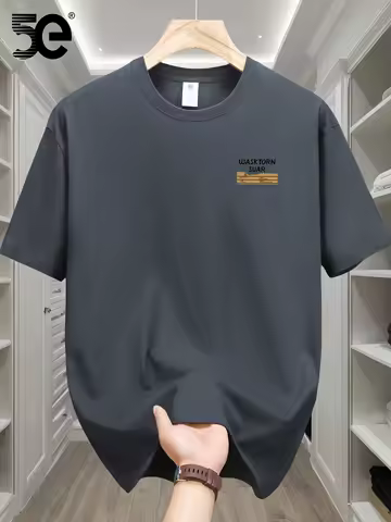 100 cotton Men'S Oversized T-Shirt - Breathable Short Sleeve Round Neck with Minimalist Black Grid Pattern PrintCa