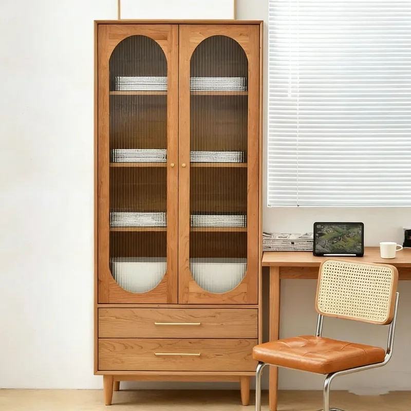 Nordic Solid Wood Bookcase with Glass Door Log Oak Cherry Japanese Style Floor to Ceiling Narrow Bookshelf Storage Cabinet