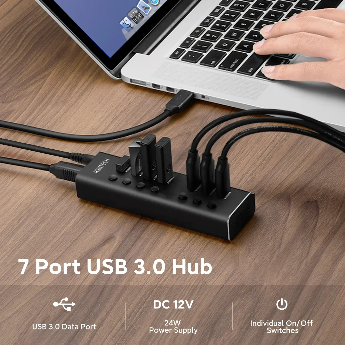 RSHTECH 7-Port USB 3.0 Hub 24W with Individual Power Switches Includes 12V/2A Power Adapter 5Gbps USB Hub Splitter for MacBook