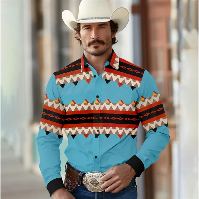 

Western Style Tribal Men's Shirt Lapel Long Sleeve Blue XS-6XL Polyester Shirt Fast Shipping European Sizes 2024 Casual Shirt