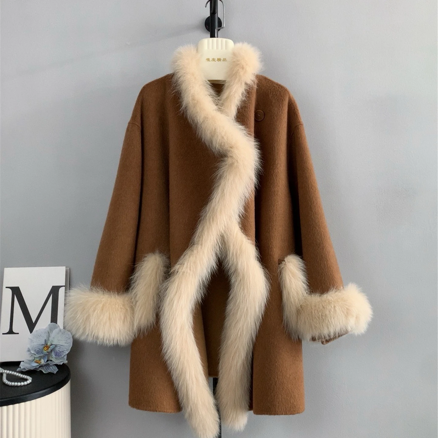 Fox Fur Integrated Overcoats for Women Pure Wool Long Sleeved Cardigan Woolen Coats Light Luxury Mid-Length Warm Jacket