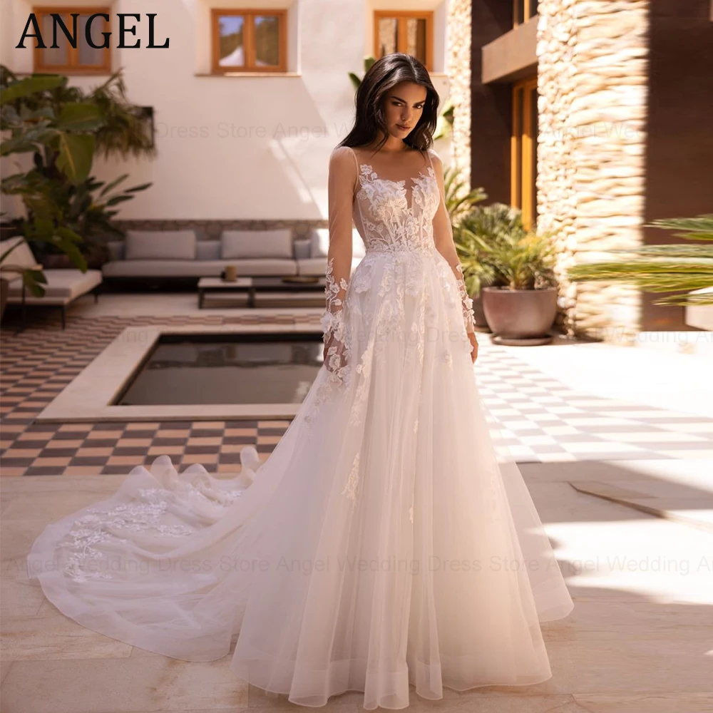 

ANGEL Exquisite Wedding Dresses For Woman O-Neck Long Sleeves Bride Gowns Lace Applique A-Line Illusion Back vestido de noiva