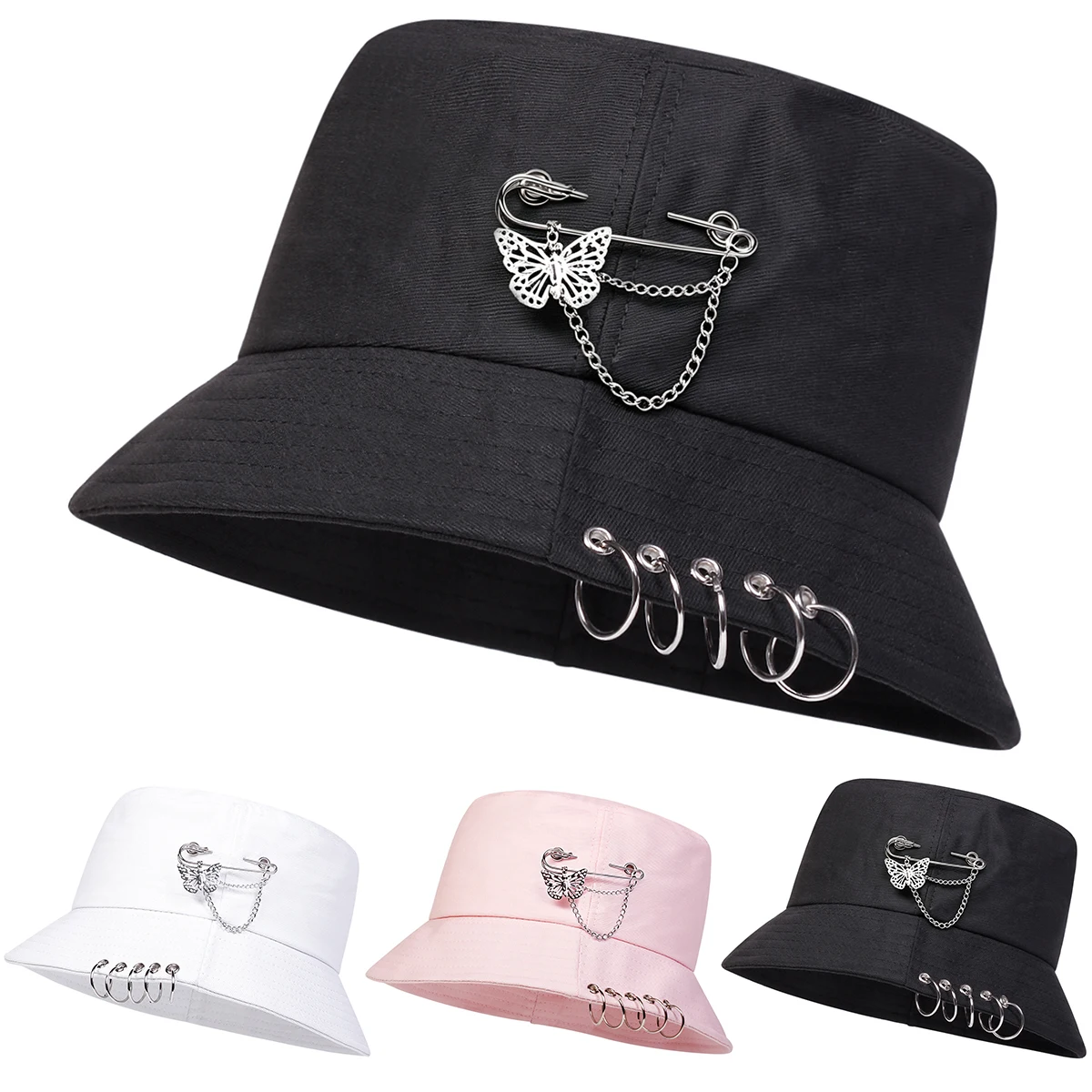Unisex Butterfly Chain Pin Iron Ring Bucket Hats Fishermen Caps Spring Autumn Outdoor Casual Cap Sunscreen Hat