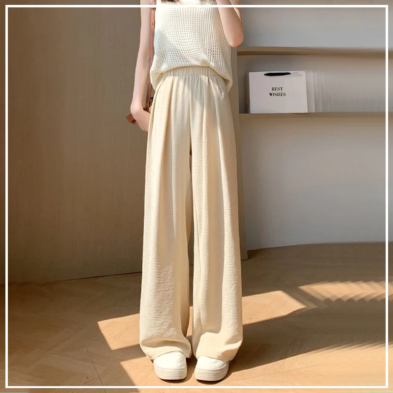 

Ice Silk Women's 2024 Summer New Style Spliced Elasticized High-waisted Casual Straight Leg High Waist Slimming Wide Leg Pants