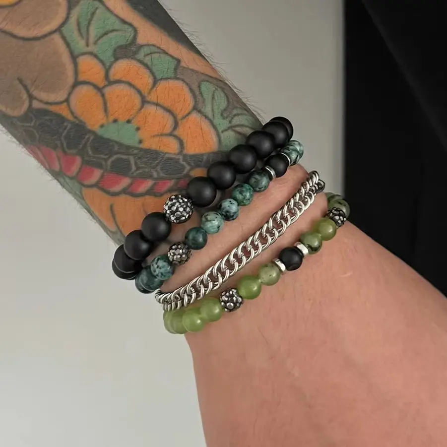 IngeSight.Z Trendy Inlaid Acrylic Rhinestone Resilient Bracelet for Men Vintage Cross Star Metal Chain Charm Bracelet Jewelry