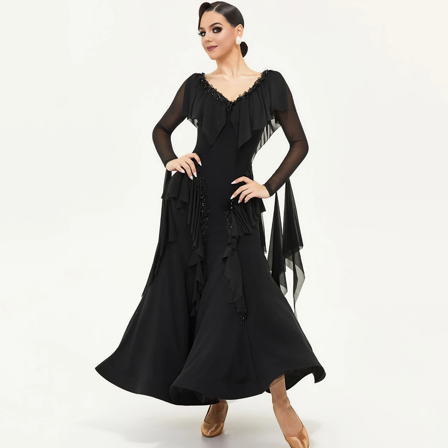 Black Waltz Ballroom Dance Competition Dresses Women Performance Costume Long Sleeves Social Dance Dress Party Prom Wear NV24931