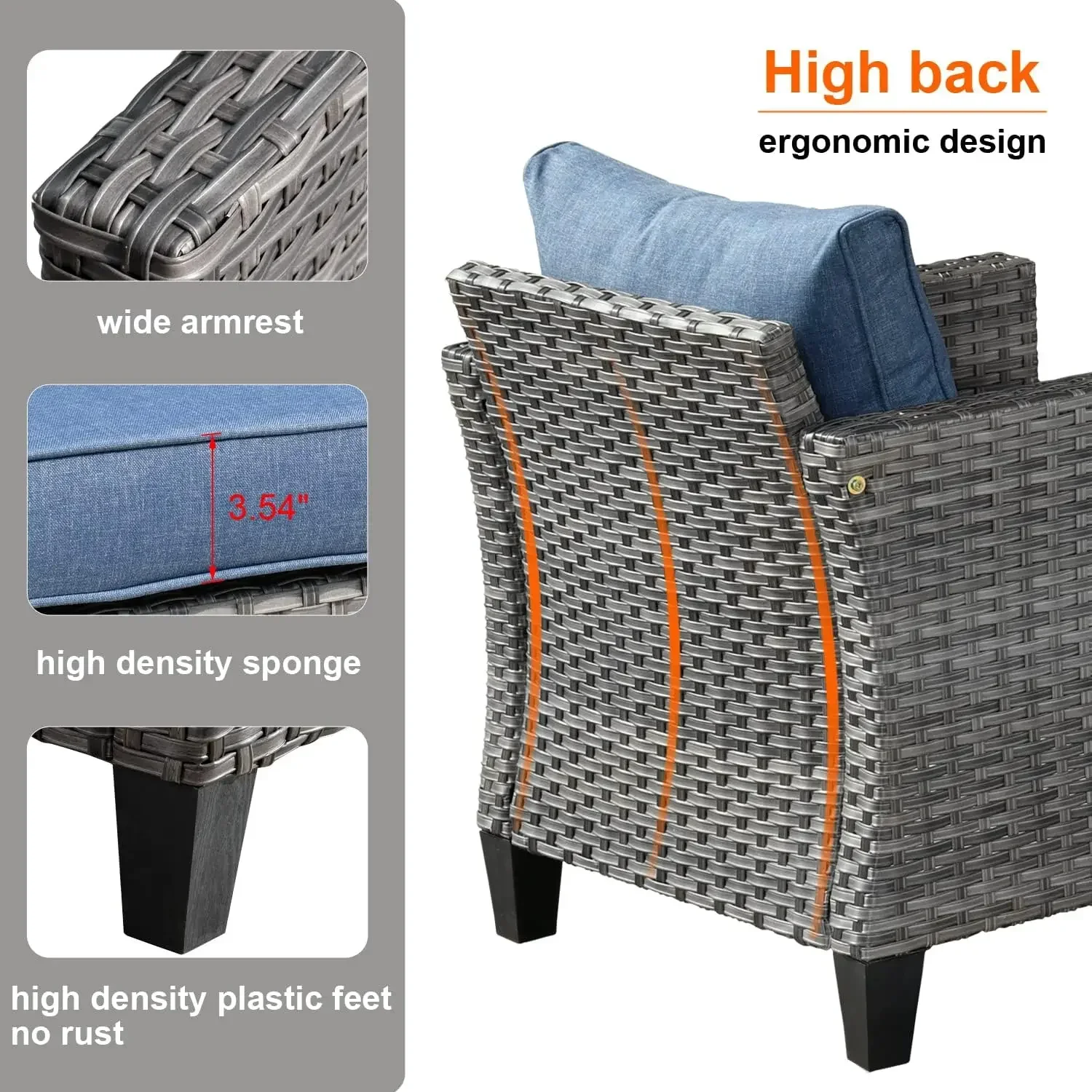 9/10pcs Outside Patio Conversation Set Wicker Rattan Patio Seating Set Weather Resistant Patio Chairs Set,Denim Blue