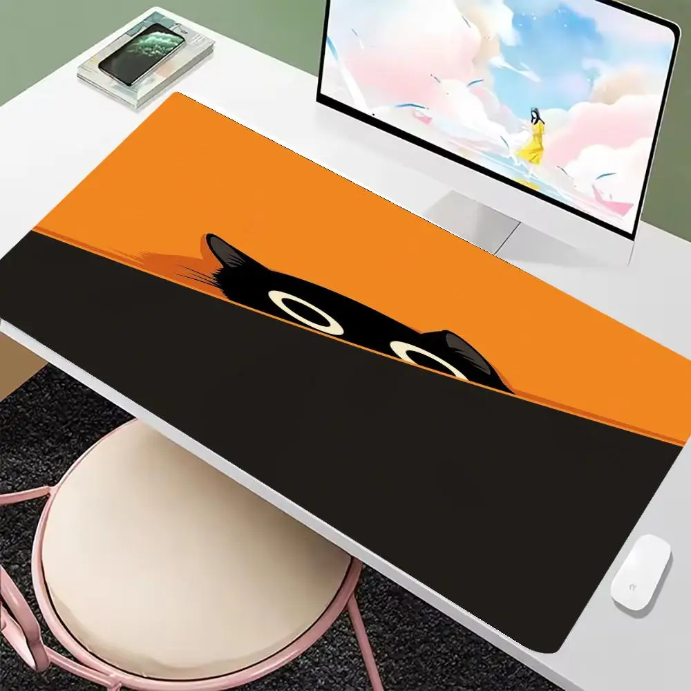 Mousepad Adorable Cartoon Black Cat Peeking Out Orange Block Background Playmat Large Size For Office Desktop Laptop Table Mat