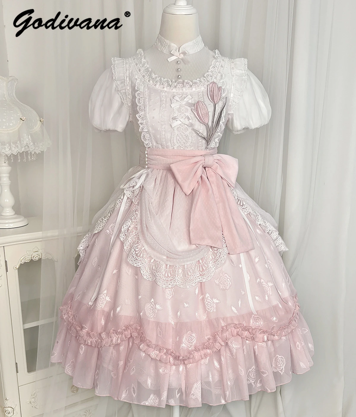 Lolita Elegant Girl OP Dress Super Fairy Lace Sweet Princess Summer Women's Short Sleeve Flower Embroidery Pink Dresses