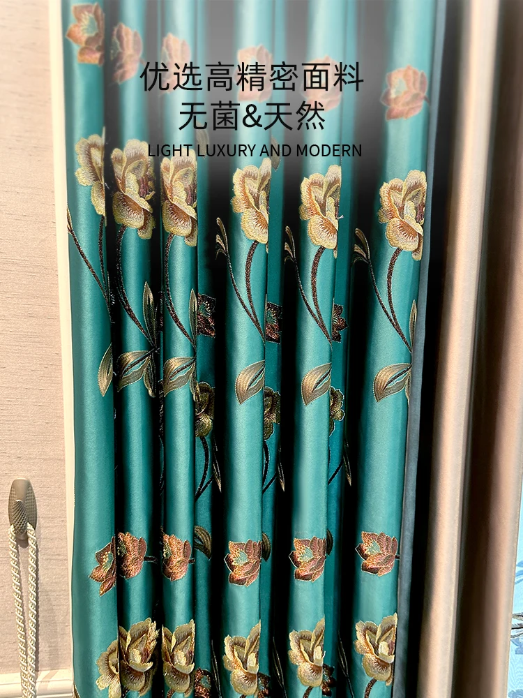 

Custom high-grade New Chinese classical luxury European embroidery valance green cloth livingroom curtain tulle M1830